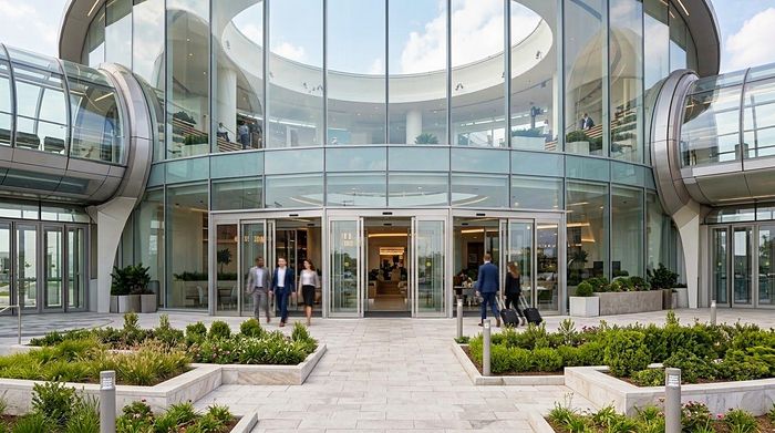 The glass entrance on a bright day