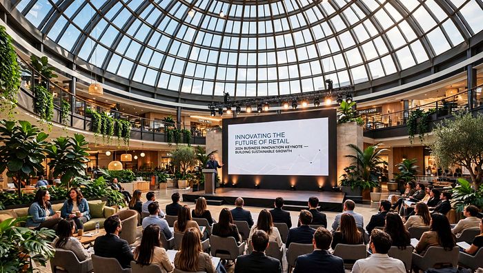 A keynote address in the center atrium