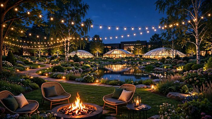 The garden and fire pit at night
